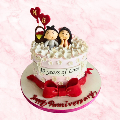 Red Ribboned White Flower Cake